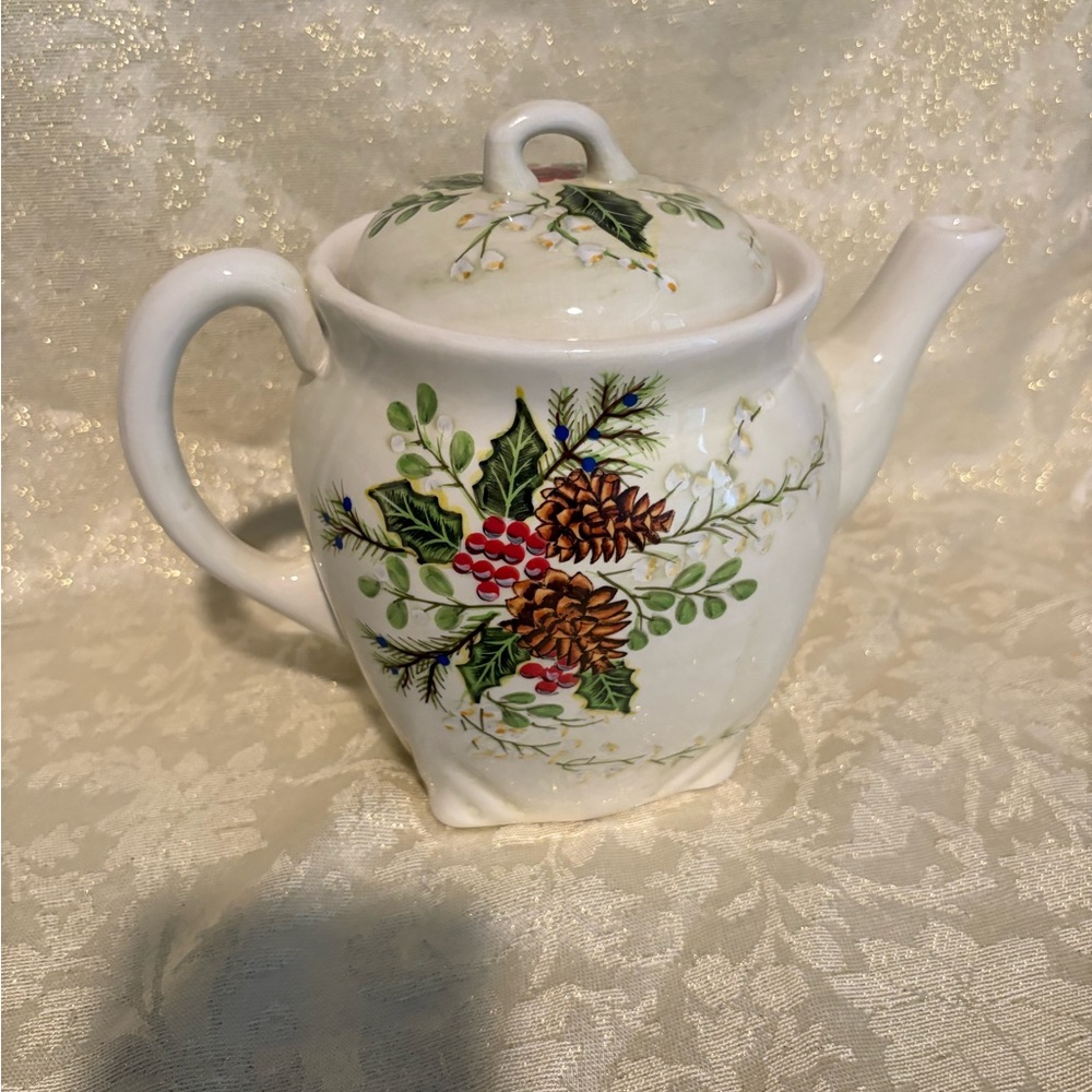 Harry & David Christmas Holly and Pinecone Ceramic Teapot